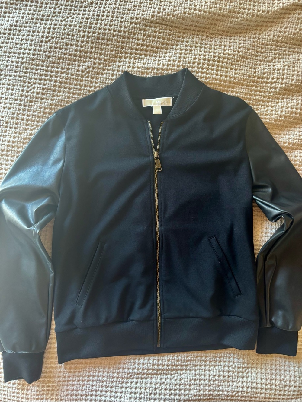 MICHAEL Michael Kors Black Bomber Jacket with Faux Leather Sleeves